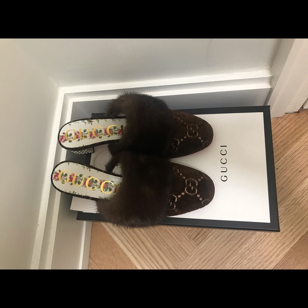 Gucci Candy Velvet GG Mule w/ Fur Trim & Crystals